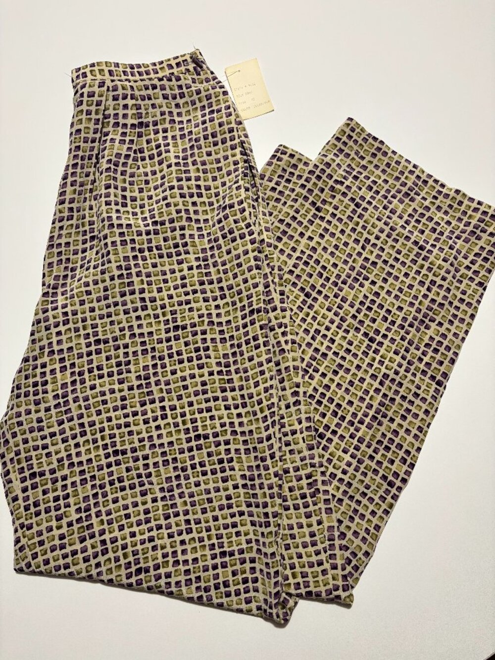 Canvasbacks Purple Green & Cream Vintage Abstract Pattern Silk Pants